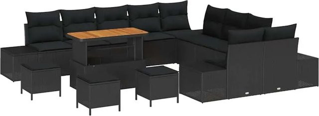vidaXL Garten-Sofa-Set aus Poly Rattan in Schwarz mit Kissen, 14-teiliges U-Shape Lounge-Set - Bild 1