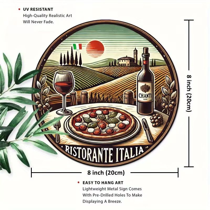 Potdemiel Metallwandkunst Italienische Küche Rundes Eisenschild mit Pizza, Wein und Chianti-Flaschen Design, Durchmesser: 20,32 cm - Bild 3