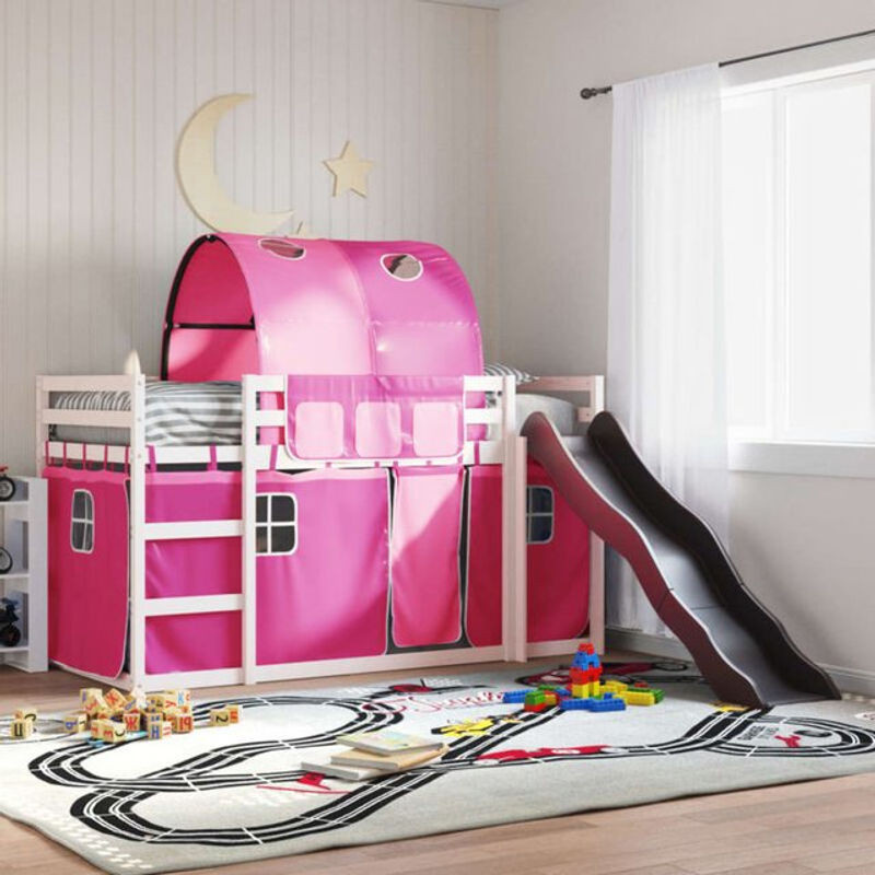 vidaxl Etagenbett mit Rutsche und Gardinen in Rosa im Landhausstil aus Kiefer, B/L: 90 x 190 cm - Bild 1