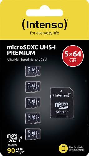 Intenso Premium microSDXC-Speicherkarte 5er Pack, 5 x 64 GB, Class 10, UHS-I, Schwarz, inkl. SD-Adapter - Bild 1