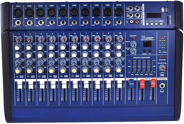 Andoer 10-Kanal Digitaler Audio-Mischverstärker mit 48V-Phantomspeisung und USB/SD-Anschluss in Blau - Bild 1