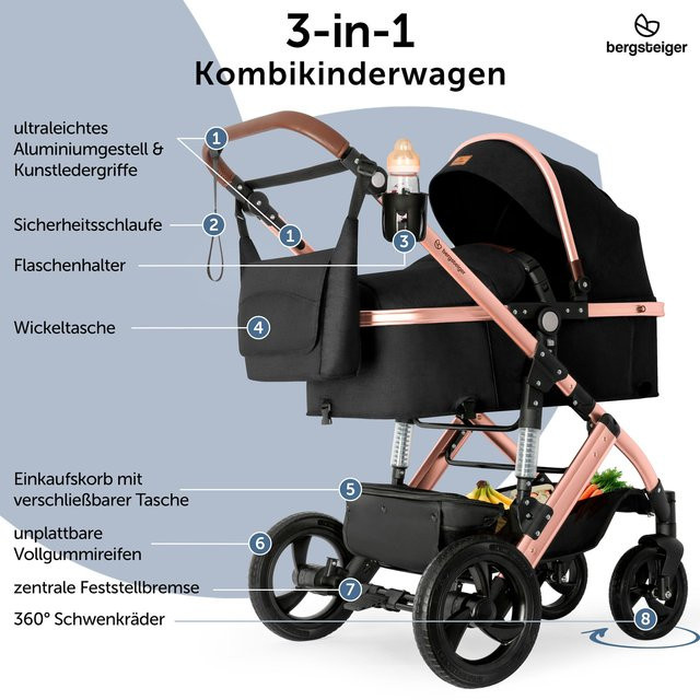 Bergsteiger Kinderwagen Nizza 3in1 Kombikinderwagen mit Babyschale und Isofix-Station in Schwarz - Bild 1
