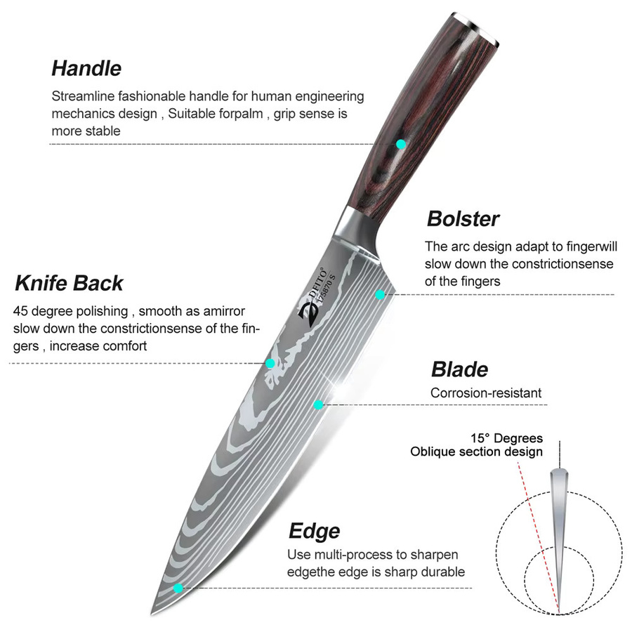 MDHAND 8-teiliges Damaszener Edelstahl Küchenmesser-Set in Rot mit Kochmesser, Santoku, Hackmesser, Tranchiermesser, Ausbeinmesser, Allzweckmesser und Schälmesser im japanischen Stil - Bild 5