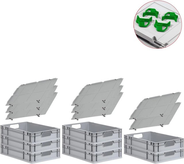 PROREGAL Spar Set mit 8x Eurobox Nextgen Economy in Grün inklusive Auflagedeckeln und 4x Schiebeschnappverschlüssen, H x B x T: 12 x 40 x 60 cm, 23 Liter - Bild 1
