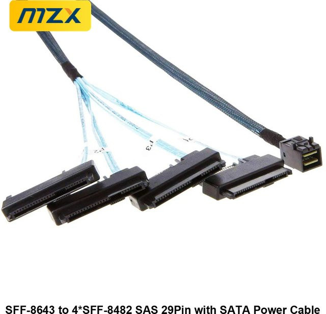 MZX Mini-SAS zu SAS Adapterkabel SFF-8643 auf 4x SFF-8482 mit 29Pin SATA Power in Schwarz, Länge: 50 cm und 100 cm - Bild 1