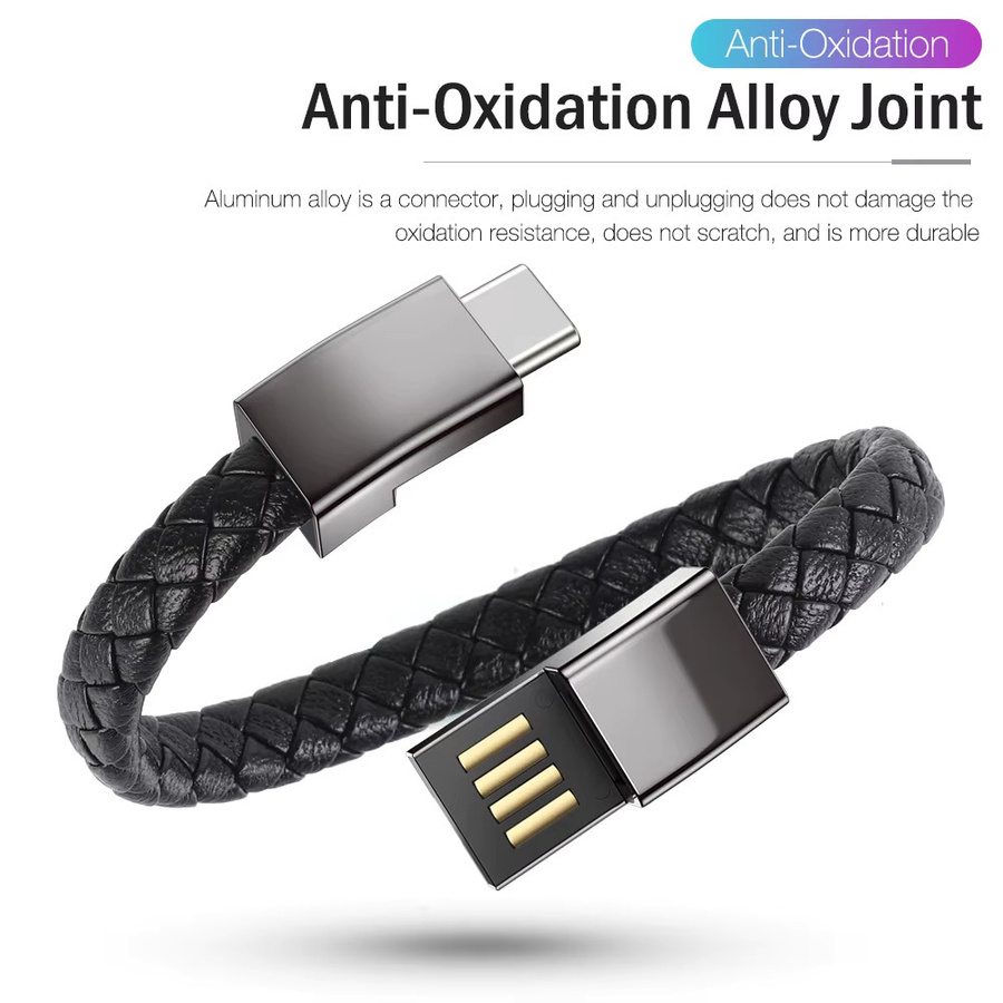 Nephy Tragbares Leder Armband USB Ladekabel für Micro USB und USB-C in Schwarz - Bild 4