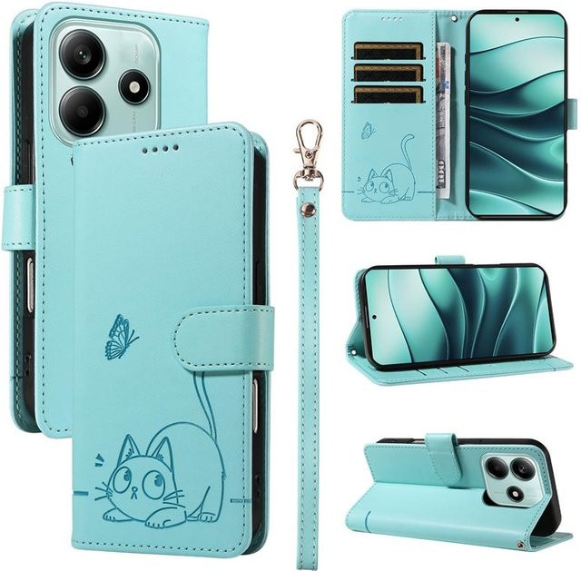 Magnetische Leder-Brieftasche Flip Cover Hülle für Xiaomi Redmi Note 14 Pro 5G mit geprägtem Katze & Schmetterling Design in Grün - Bild 1