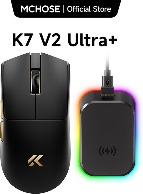MCHOSE K7 V2 Kabellose Gaming-Maus mit PAW3955 TI Sensor, Dual 8K Polling Rate, 50000 DPI und magnetischer Ladestation in Schwarz - Bild 1