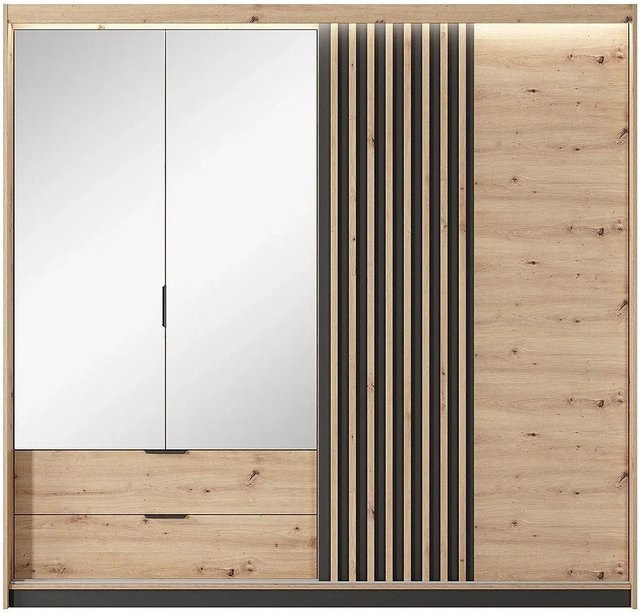 Vente-unique Kleiderschrank Ariada in Schwarz und Naturfarben Hell mit Schiebetüren, integrierter LED-Beleuchtung und Spiegel, B/T/H: 220 x 60 x 210,4 cm - Bild 1