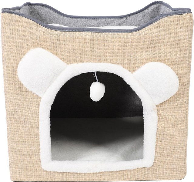 Aimo Faltbares Katzenversteck mit Kratzbrett und hängendem Ball, Katzenbett und Höhle für Katzen und Kätzchen, Beige - Bild 1