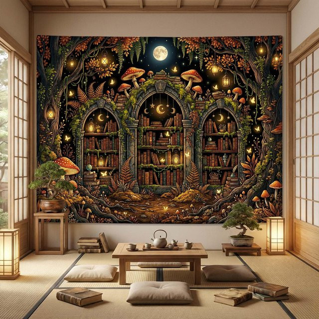 Alchemistenwald-Archiv Wandteppich mit mystischer Zaubererbibliothek und Kristallen von JMG Household Supplies, Mehrfarbig, Breite: 70 cm, Höhe: 100 cm - Bild 1