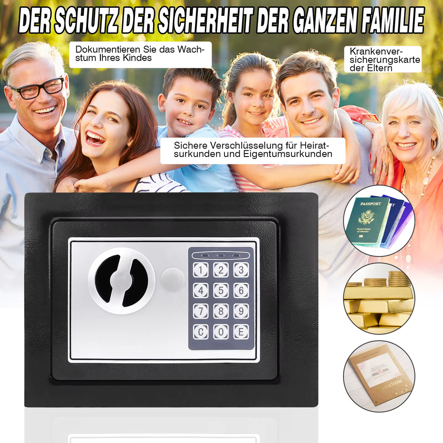 BRIEFNESS Feuerfester und einbruchsicherer Tresor aus verstärktem Stahl mit digitalem elektronischem Zahlenfeld und Sicherheitsschlüssel in Schwarz, 4,6 l oder 8,5 l für Heim und Büro zur Aufbewahrung von Schmuck und Bargeld - Bild 2