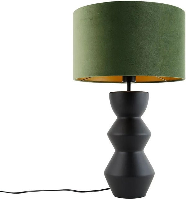 QAZQA Alisia Designer Tischleuchte mit grünem Samtschirm und Keramikfuß in Schwarz-Gold, Höhe: 35 cm - Bild 1
