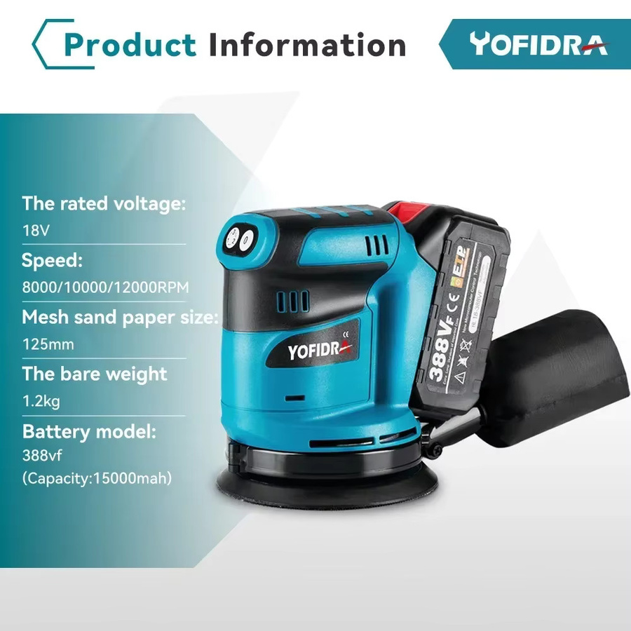 Yofidra 5-Zoll Elektro-Exzenterschleifer in Blau, kabellos und wiederaufladbar, 3-Gang-verstellbar, kompatibel mit Makita LXT Akku-System - Bild 2