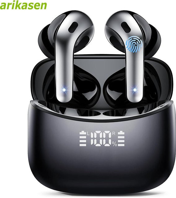 Arikasen Kabellose Bluetooth In-Ear Ohrhörer in Schwarz mit 52 Stunden Spielzeit, IPX7 Wasserdichtigkeit, 4 Mikrofonen und Geräuschunterdrückung inklusive LED-Anzeige und Ladeetui - Bild 1