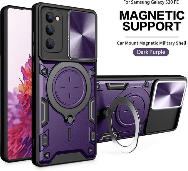 Samsung Galaxy S20 FE 5G Hülle mit magnetischer Metallringhalterung und Schiebeobjektiv-Schutz in Violett - Bild 1