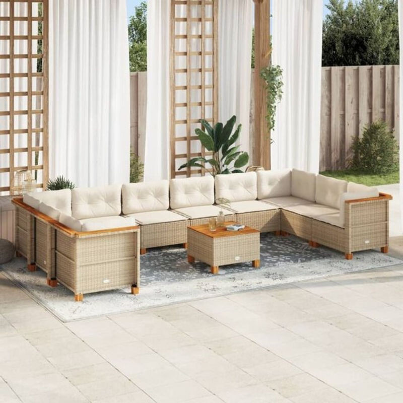 Vidaxl 11-tlg. Garten-Sofagarnitur mit Kissen aus Polyrattan und Akazienholz in Beige - Bild 1