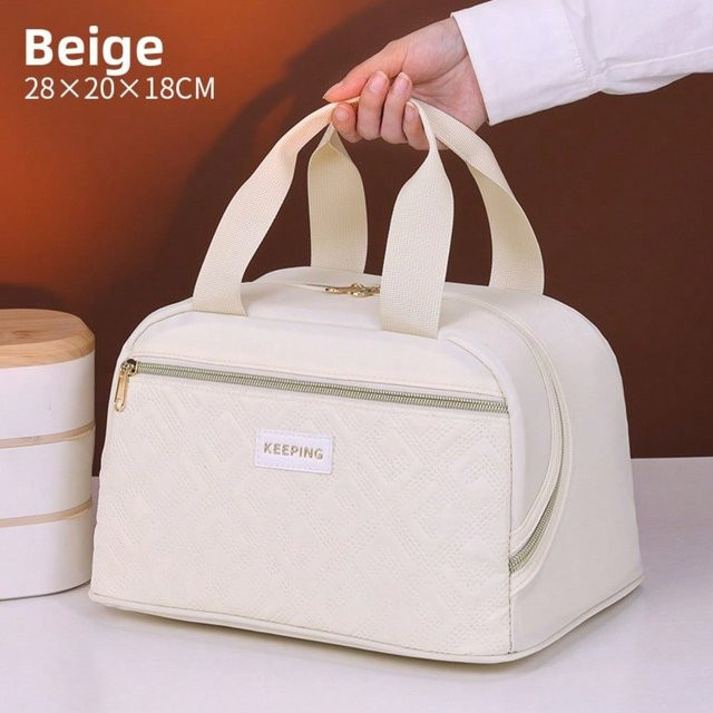 XYNN Thermoisolierte Mittagessenbox Bento-Tasche aus Stoff in Weiß und Beige, B/T/H: 28,0 x 20,0 x 1,0 cm - Bild 1