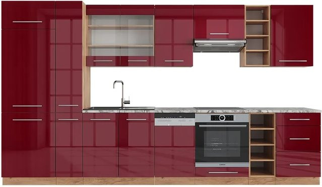 Vicco Fame-Line Küchenzeile Bordeaux Hochglanz und Goldkraft Eiche mit Marmor-Optik, Breite: 355 cm - Bild 1