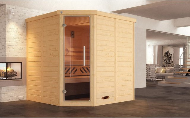 Weka Massivholzsauna Kemi Ecksauna aus Fichte mit Glastür und 7,5 kW Sparset, Farbe: Braun, B/T/H: 195 x 195 x 200 cm - Bild 1