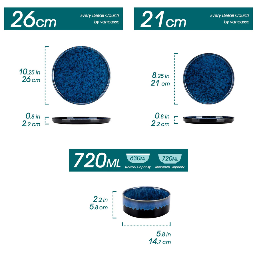 vancasso 36-teiliges Geschirrset aus Keramik in Schwarz-Blau mit reaktiver Glasur und vertikalem Rand - Bild 2