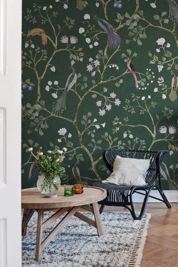 Rebel Walls Mural Songbirds Wandtattoo in Emerald Green mit floralem und orientalischem Design - Bild 1