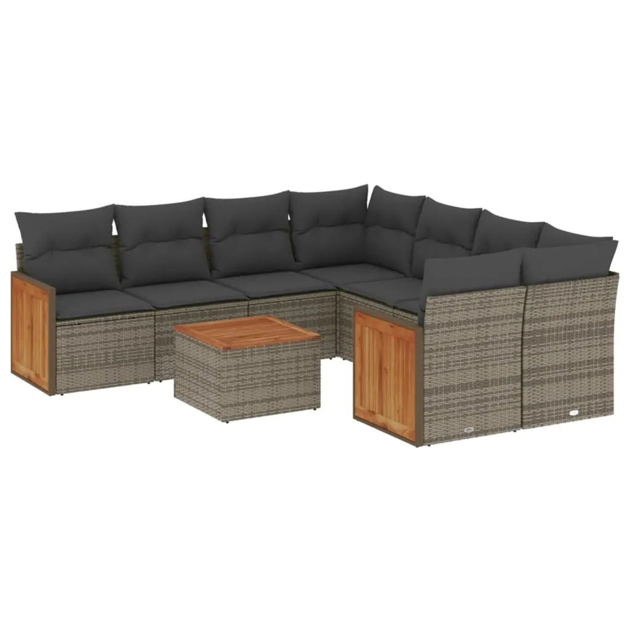vidaXL 9-tlg Garten-Sofagarnitur aus Poly Rattan in Grau mit Kissen und Akazienholz - Bild 2