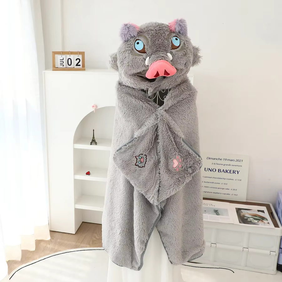 MINISO Dämon Slayer Inosuke Wildschwein Kapuzen-Decke aus Fleece in Grau - Bild 2