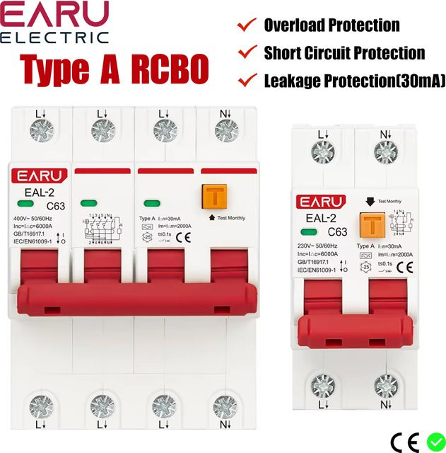 EARU Elektronischer Fehlerstromschutzschalter RCBO A Typ 30mA 2P 230V 4P 400V in Weiß - Bild 1