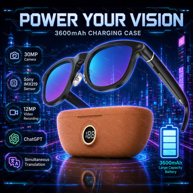 Vwar Smart-Brille mit 4K Action-Kamera, 1080P Video und KI-Übersetzungsfunktion, 3600mAh Powerbank, Schwarz - Bild 1