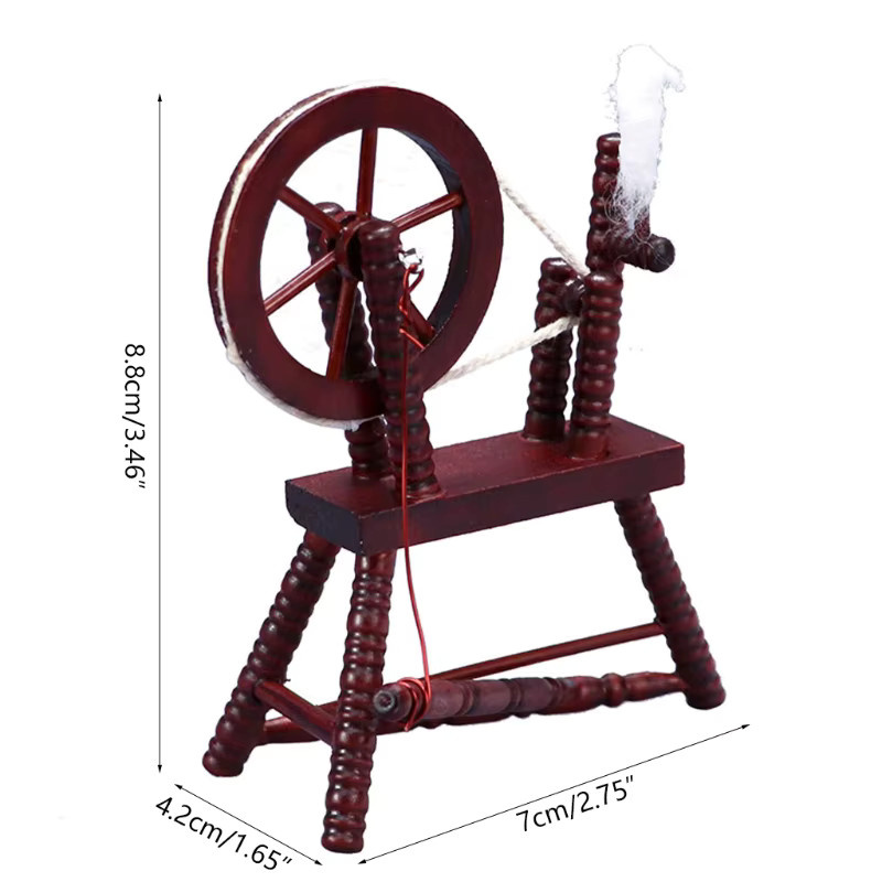 Mini-Spinnrad, Miniatur-Puppenhausmöbel, Holz, Braun - Bild 5