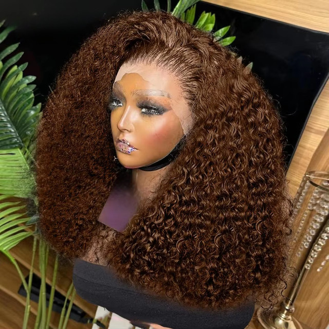Line hair Bob Glueless Curly Echthaarperücke, Wasserwelle, Schokoladenbraun - Bild 1