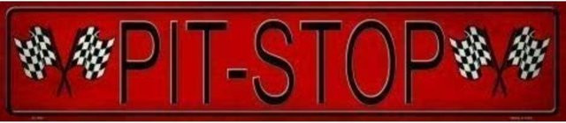 Hello Young Retro Vintage Pit Stop Metallstraßenschild mit karierten Flaggen in Rot und Schwarz, B: 40 cm, H: 10 cm, T: 1 cm - Bild 1
