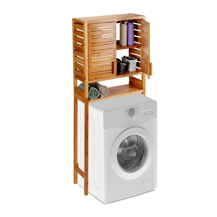 Relaxdays Waschmaschinenschrank aus Bambus in Natur, höhenverstellbar, mit Türen und Regalböden, Höhe: 164,5 cm, Breite: 66 cm, Tiefe: 26 cm - Bild 2