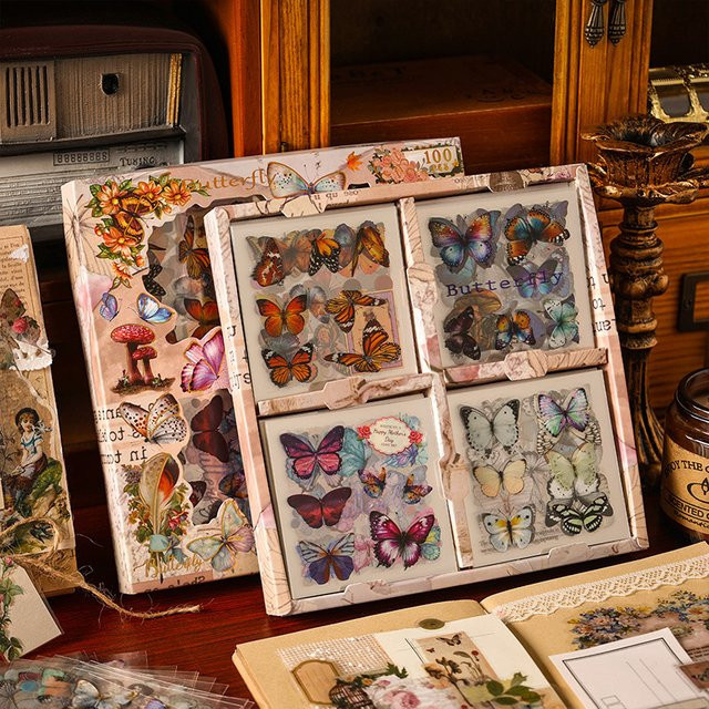 100 Stück Vintage Aufkleber mit Schmetterlingen, Blumen und Pflanzen für Scrapbooking und DIY Junk Journal, Multicolour - Bild 1