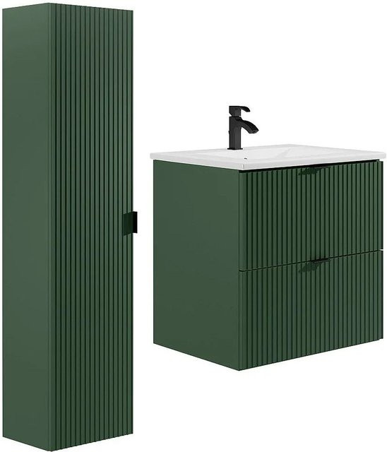 ZEVINI Badmöbel-Set in Grün mit Einbauwaschbecken und Hochschrank im modernen Stil, Breite: 60 cm, Tiefe: 47 cm, Höhe: 60 cm - Bild 1