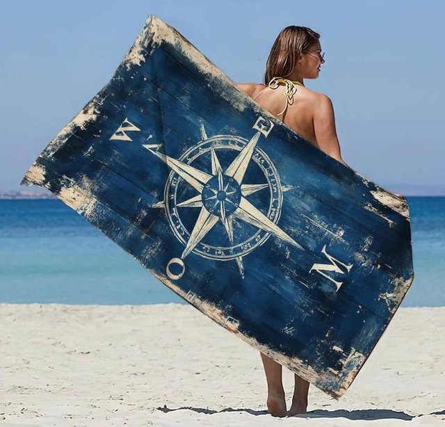 Strandtuch mit Kompass-Print im Vintage-Stil von JMG Household Supplies, Farbe: Grau/Blau, B/H: 70 x 140 cm - Bild 1