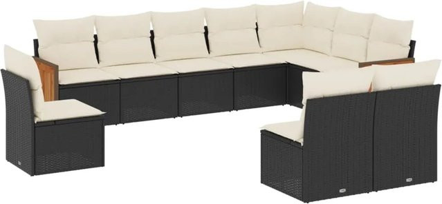 vidaXL 10-teilige Garten-Sofagarnitur in U-Form aus Polyrattan und Akazienholz mit Kissen in Schwarz-Creme - Bild 1