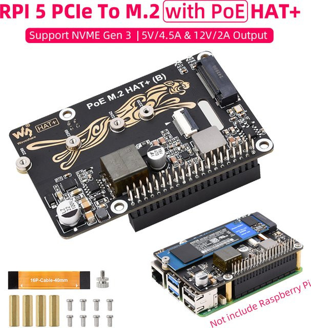 Raspberry Pi 5 PCIe zu M.2 mit PoE HAT (B) für NVMe SSD in Schwarz - Bild 1