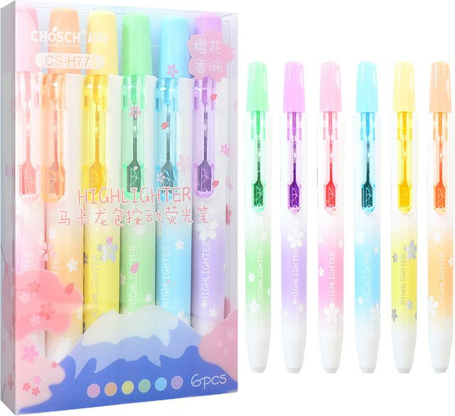 6er Set Kawaii Textmarker im Macaron Pastell-Design mit Keilspitze, bunte Fluoreszenz-Marker für Schule und Briefpapier - Bild 1
