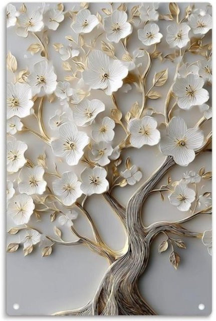 Metall-Wandschild HELLOYOUNG Vintage Golden Leaf & White Flower in Gold und Weiß mit floralem Design - Bild 1