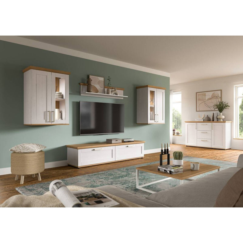 Wohnwand xonox.home VERONA im Landhaus-Look mit Eiche und Lärche Nachbildung, bestehend aus Lowboard, zwei Vitrinen und Wandboard, B/H/T: 316 x 161 x 40 cm - Bild 2