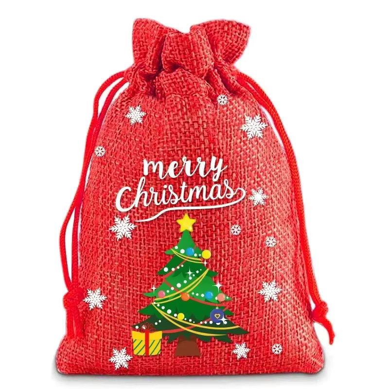 LIJIAO 10er Set Frohe Weihnachten Leinen Beutel mit Kordelzug als kleine Geschenkverpackung für Kinder und Party-Gastgeschenke - Bild 3
