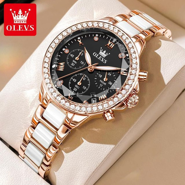 OLEVS Armbanduhr Quarz, Keramik, Diamantbesetzt, Schwarz, Damen - Bild 1