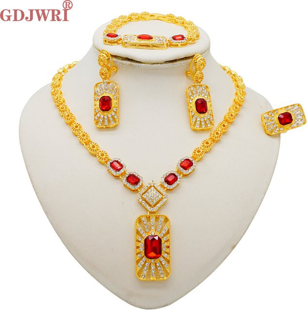 GDJWRI Schmuck-Set Damen, Halskette, Armband, Ohrringe, Ring, Gold, Kristall - Bild 1
