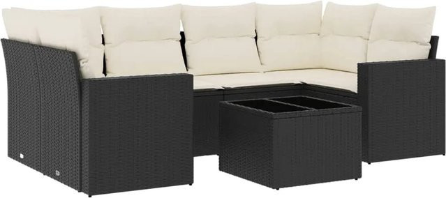 vidaXL 7-tlg Garten-Sofagarnitur aus Poly-Rattan mit Kissen und Glastisch in Schwarz - Bild 1