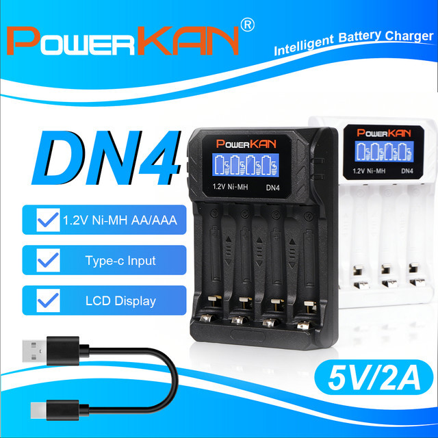 POWERKAN DN4 Batterieladegerät mit LCD-Anzeige für 1.2V Ni-MH AA AAA Akkus, 4 Schächte, USB-C Anschluss - Bild 1