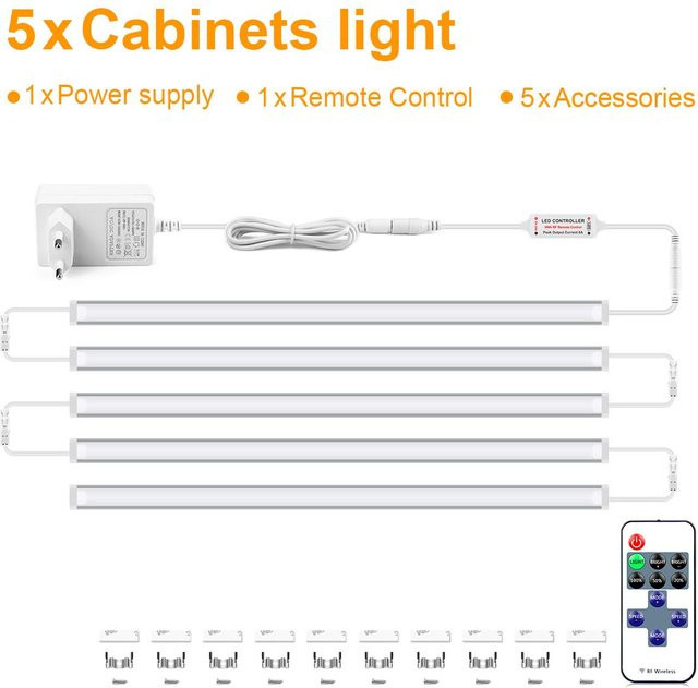 MALITAI LED-Lichtleiste aus Aluminium, 5 Stück, weiß, dimmbar mit RF-Fernbedienung, verknüpfbar, Länge pro Leiste: 50 cm - Bild 1