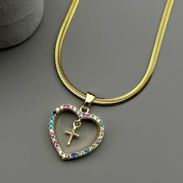 JYTF Herzförmiger Kreuzanhänger mit Zirkonia, Edelstahl, Gold, Unisex - Bild 1