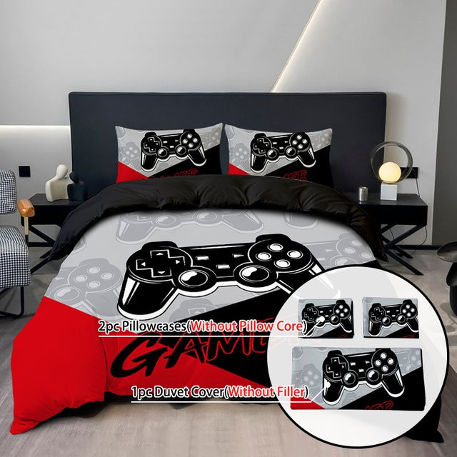 3-teiliges Bettwäsche-Set mit Spielkonsole-Motiv in Rot, Schwarz und Blau aus 100% Polyester, bestehend aus 1 Bettbezug und 2 Kissenbezügen, Breite: 135 cm, Höhe: 200 cm - Bild 1